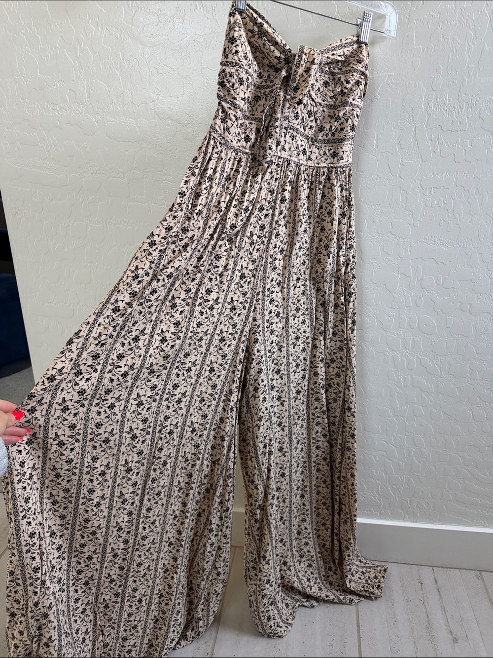 Strapless Floral Maxi Dress in Beige and Black - Boho Tie Front